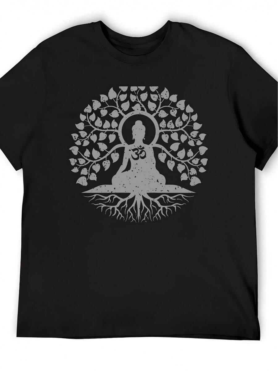 Camiseta de yoga espiritual para hombres - Negra con diseño de meditación de Om Buddha blanco - Ajuste regular, top casual para el gimnasio. Ropa Casual - Camiseta Lavable a Máquina - Regalo Ideal para Buscadores Espirituales Ropa de Gimnasio. Camisa de patrón geométrico. Tela cómoda. Ropa de gimnasio. Estilo bohemio. Camisa resistente. Camisa de manga corta. Entusiastas del fitness - Negro - Ver 1