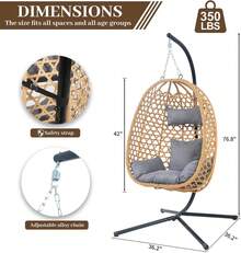 Hanging Egg Chair With Stand & Cushions - All-Weather Rattan Swing Chair For Patio, Balcony, Garden (Modern Boho Design, Ready-To-Use Indoor Outdoor)-Grey - A - View 4