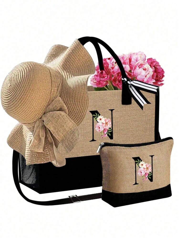 Women's Beach Tote Bag With Shoulder Straps, Pink Begonia Black Letters A-Z Design Large Capacity Tote Bag With Matching Cosmetic Pouch & Wide Brim Sun Hat, Personalized Gift Bag With Side Pockets, Makeup Bag, Suitable For Weddings, Beach, Vacation & Daily Use, Stylish Summer Travel Gift Set For Her, Ideal For Pool Days, Weekend Getaways And Everyday Errands, Valentine'S Day Gifts - Multicolor - View 17
