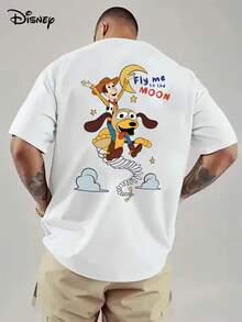 Authorized By Disney, Disney Toy Story Woody & Spring Dog! "Fly Me To The Moon" Fun T-Shirt For Men-Casual Short-Sleeved Shirt, Front And Back Printed Design, Breathable Summer Outdoor Round Neck Shirt, Casual Clothes, Creative Slogan Printed Style, Regular Version. - White - View 2