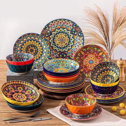 vancasso 24 Pieces Porcelain Dinnerware, Different Sides, Bohemian Style, Round Plate, Dinner Plate, Dessert Plate, Soup Bowl And Bowl, Serve For 6 Person, Multicolor
