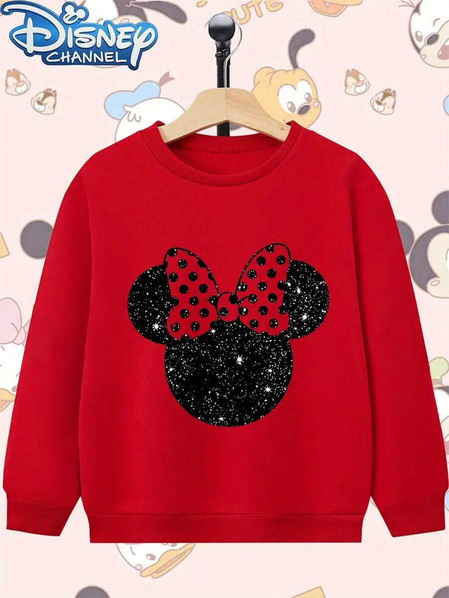 1pc Disney Minnie Mouse Silhouette Print Cozy Sweatshirt For Girls, Soft & Breathable Casual Daily Wear For Kids - 紅色 - 查看 1