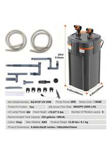 Aquarium Filter 660GPH  5-Stage Canister Filter 235 Gallon  Ultra-Quiet Internal Aquarium Filter With UV Protection  Submersible Power Filter With Multiple Function For Fish Tanks  25W - 黑色 - 查看 7