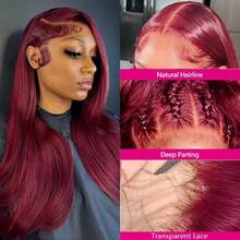 13x4 Bone Straight Lace Front Wig Pre Plucked Bye Bye Knots 200 Density Wig Natural Hairline Heat Resistant Human Frontal Hair Replacement Blended Hair Wigs For Women 26 Inch Long Burgundy 99j Wig Daily Use - SBUG - View 4