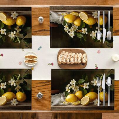 1pc/4pcs/6pcs Lemon Pattern Printed Linen Placemats, Suitable For Dining Table, All Season Decor, Modern Washable Table Mats, Room Decor, Coasters, Kitchen Dining Mats, Indoor Outdoor Party Decoration, Home Decor, Ideal Gift