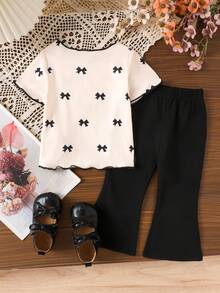 Bộ 2 món cho bé gái, gồm áo thun cổ tròn không tay họa tiết bướm và quần ống rộng màu trơn, thích hợp mặc mùa hè. - trắng - Xem 2