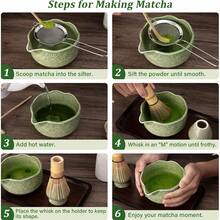 四件套抹茶套装 - 18.6盎司出口品质抹茶碗、抹茶勺、抹茶筅和筅架（茶具架） - 完美的抹茶茶道套装（做旧绿色，樱花图案） - 彩色 - 查看 5