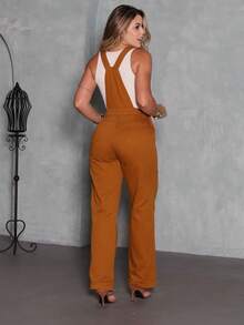 Women's High-Waisted Denim Jumpsuit, Straight Leg, Twill Fabric - Lạc đà - Xem 2
