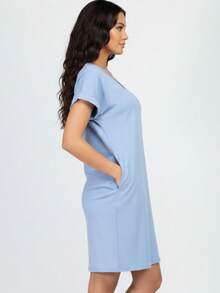 Women's Solid Color Batwing Sleeve V Neck Mini Dress Casual Dress Loose Fit Hidden Pocket Dress For Summer - 雲 - 查看 2