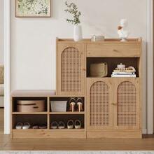 Shoe Cabinet With Upholstered Bench, 3 Woven Rattan Doors And 1 Drawer. Multifunctional Storage Unit With Shoe Rack For The Entryway. Wood Effect. Dimensions: 142 Cm (Width) X 35 Cm (Depth) X 110 Cm (Height). - Wood Color - View 11
