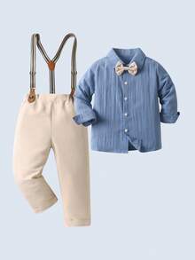 BOARNSEORL 2pcs Young Boys Gentleman Outfit - Long Sleeve Collared Shirt With Bow Tie And Khaki Suspender Pants, Fashionable And Dapper Attire For Birthday Party, Wedding, Ring Bearer - Khaki - View 1