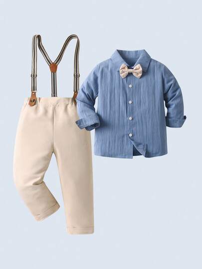 BOARNSEORL 2pcs Young Boys Gentleman Outfit - Long Sleeve Collared Shirt With Bow Tie And Khaki Suspender Pants, Fashionable And Dapper Attire For Birthday Party, Wedding, Ring Bearer