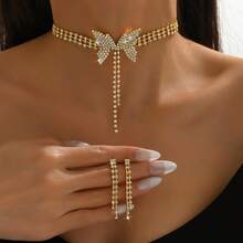 Butterfly Tassel Long Necklace, Earrings & Jewelry 3 PiecesSet, Minimalist Design, Party & Bridal Accessories - Gold - View 5
