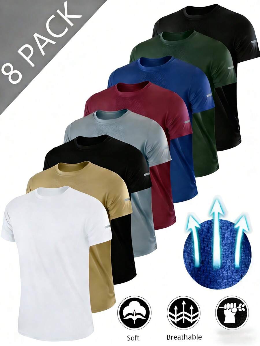 RELOUST 8PCS Workout Shirts For Men Athletic Running Gym T-Shirt, Quick-Drying Cooling Breathable Performance Top, Moisture Wicking Short Sleeve Tee, Mens Clothes Activewear, Butfits For Men, Great Gifts For Boyfriend Camiseta Para Hombre - Random color - 查看 1