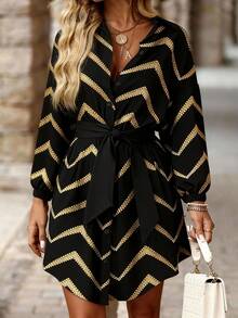 Colorblock  Cut & Sew    Casual    Belted  Button  Button Front    Daily - Đen và vàng - Xem 4