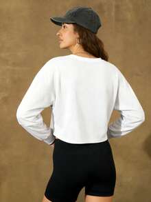 ZULIZ KYRLSSU Women's White Round Neck Drop Shoulder Long Sleeve Loose Casual Sports Sweatshirt - White - View 3