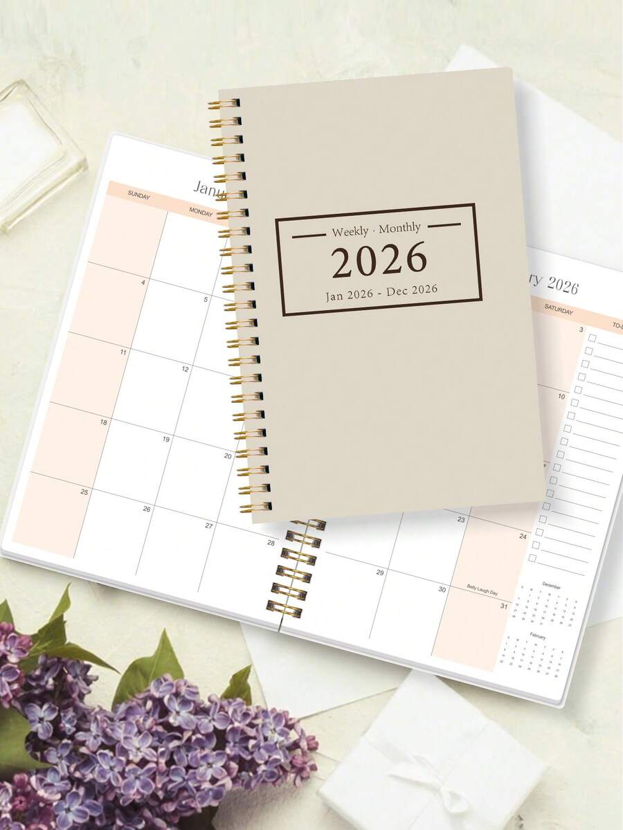 Trees A5 螺旋裝訂 2026年1月至2026年12月全年日曆,附備註、待辦清單與每月概覽頁,適合返校、居家、桌面裝飾,女性文具禮品 - 香檳色 - 查看 1