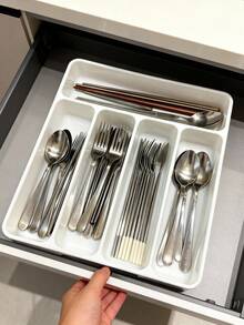 1 pieza Bandeja de clasificación de utensilios plateada, Soporte para cucharas de cocina, Organizador de cubiertos, Estante de almacenamiento de cocina, Caja organizadora de cajón para cubiertos, Soporte para cuchillos, tenedores y palillos dentro del gabinete, Organizador de utensilios de cocina, Bandeja para cuchillos y tenedores de cajón - Multicolor - Ver 7