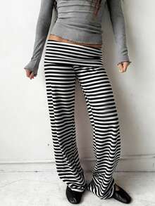 Women Y2k Striped Fold Over Pants Low Rise Yoga Pants Lounge Bottoms Color Block Wide Leg Flare Leggings Sweatpants - 黑與白 - 查看 3
