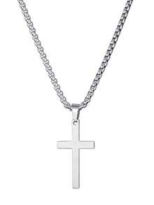 1Pc Men's Stainless Steel Cross Pendant Necklace, Silvery Golden Cross Pendant Necklace, Chain Jewelry Gift - Multicolor - View 4