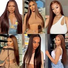 200% Density Straight 13*4 Full Lace Front Wig, Black Brazilian Virgin Hair Hairline, HD Transparent Pre-Trimmed Natural Hairline 5*5 No Glue Pre-Plucked Wig, #4 Brown Mixed Hair Natural Look Elegant Daily Wear Versatile Hair Accessory - Brown - View 8