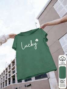 Camiseta de verano casual de 100% algodón con estampado de letra afortunada de San Patricio para mujer, camiseta gráfica, tela suave, ropa de algodón, parte superior para exteriores, estampado impreso, camiseta de verano, camiseta de mujer, parte superior, blusa de verano, atuendo de vacaciones, estilo de viaje, vibra de playa, ropa minimalista para días festivos - Verde - Ver 7