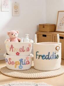 Customized Woven Baby Basket, Baby's First Christmas Gift, Embroidered Newborn Woven Basket, Rope Baby Room Basket, Baby Shower Basket - Multicolor - View 2