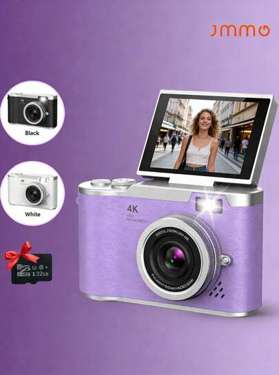 JMMO Cámara digital para fotografía, cámara para vlogging 4K, cámara compacta con pantalla giratoria de 180°, zoom digital 8X, estilo retro, con tarjeta TF de 32 GB