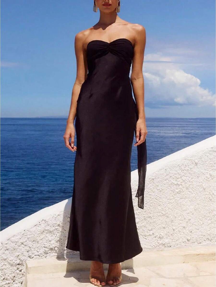 Women Polka Dot Satin Maxi Dress Off Shoulder Tie Back Long Tube Dress Elegant Silk Dresses Cocktail Evening - 黑色 - 查看 1