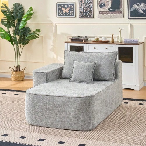 No Assembly Required Chaise Lounge – Comfortable And Plush Sofa With Cushions And Side Pockets, Grey - Grey - View 1