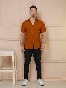 YLF MODAS Men's Short-Sleeved Button-Down Dress Shirt - Plain - Brown - View 7