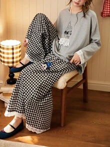 2pcs Disney Magic Mickey Mouse Cotton Plaid Long Sleeve Pajama Set For Women, Spring/Autumn - Grey - View 5