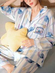 2pcs Disney Stitch Print Cotton Pajama Set, Long Sleeve, Spring/Autumn - Dusty Blue - View 5