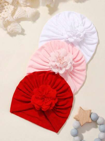 3pcs Newborn Candy Color Cute Floral Soft Comfortable Baby Headband Hat Set, Suitable For Daily Use In Early Spring