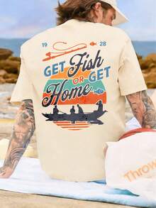 Men's Graphic Print T-Shirt, Beach Summer Wear Loose Fit Short Sleeve Tee - Apricot - View 2