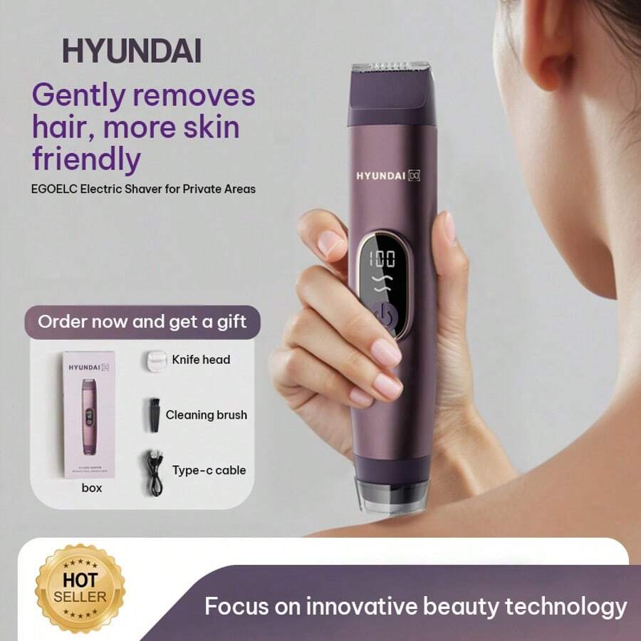 HYUNDAI 现代二合一女士电动剃毛器（紫色），陶瓷刀头，LED显示屏，USB-C充电，双刀头设计，适用于比基尼线、腋下、腿部和私处脱毛 - 紫羅蘭色 - 查看 1