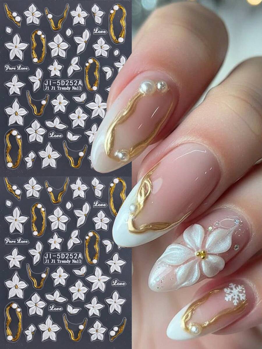 5D Embossed White 5-Petal Flower Nail Stickers With Gold Borders And Lines, Cute And Elegant Self-Adhesive Nail Art Decor For Spring/Summer, DIY Nail Salon Supplies - Multicolor - View 1