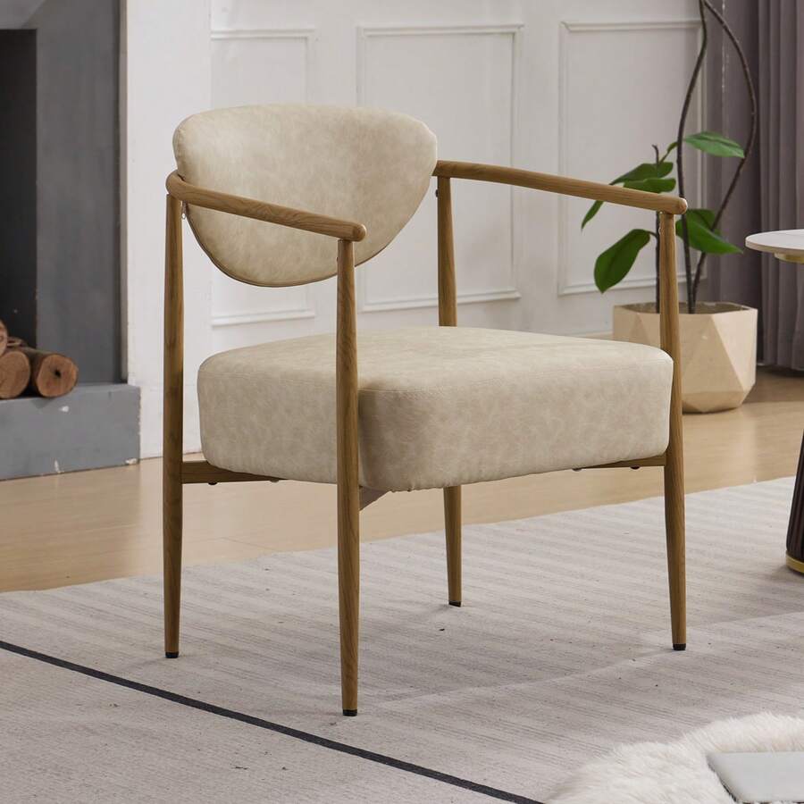Modern Sherpa Accent Chair, White Boucle Armchair With Wood-Look Metal Legs, Fuzzy Upholstered Reading Chair For Living Room Bedroom, Beige Leather - Da màu be - Xem 1