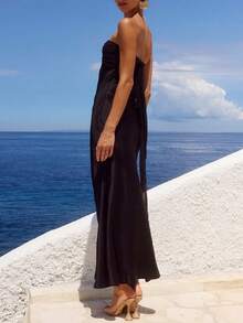 Women Polka Dot Satin Maxi Dress Off Shoulder Tie Back Long Tube Dress Elegant Silk Dresses Cocktail Evening - 黑色 - 查看 3