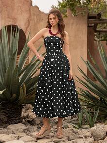Elegante vestido midi de lunares retro sin tirantes con bajo abullonado - Adecuado para invitados de boda, fiestas, playa, vacaciones de verano, salidas y ceremonias de graduación Blanco - Negro - Ver 3