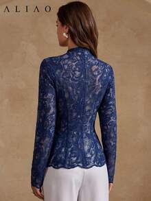 ALIAO Top de malla transparente con estampado de cachemira azul real, estilo Old Money, adecuado para boda, fiesta, ir al trabajo - azul real - Ver 5
