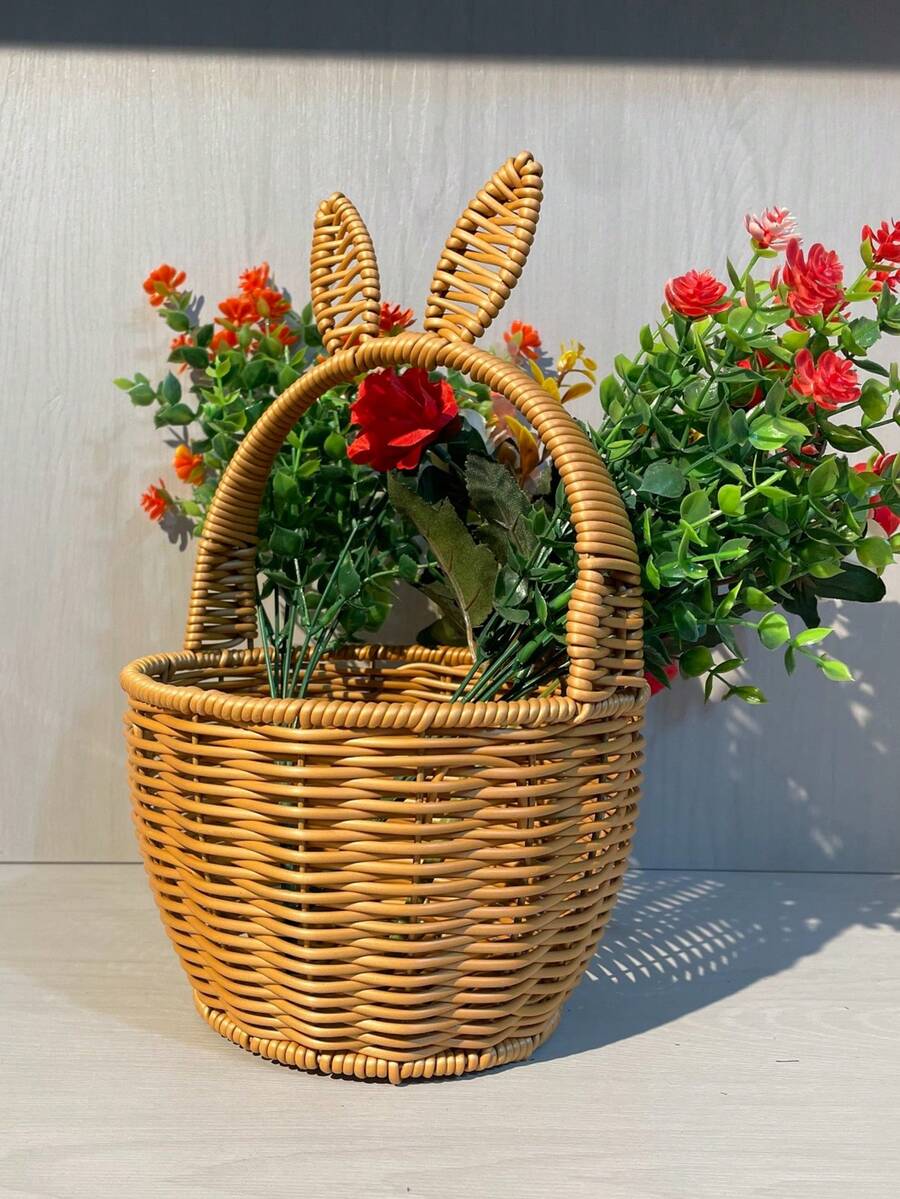 复活节礼物编织篮，带有兔子元素，手提花篮纪念品 - 薑色 - 查看 1