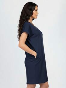 Women's Solid Color Batwing Sleeve V Neck Mini Dress Casual Dress Loose Fit Hidden Pocket Dress For Summer - 海軍 - 查看 2