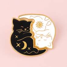 1枚日月猫咪胸针，独特珐琅翻领别针 - 可爱徽章，可别在背包和衣服上 - 黑色 - 查看 3