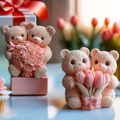 DIY Creative Bear Holding Flower Silicone Mold, Elegant Candle, Soap Or Home Decor Silicone Mold, Suitable For DIY Valentine's Day Bear Bouquet Handicrafts And Home Decor - Candle Making