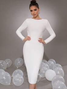Sexy Women's Long Sleeve Large Zipper Back Bodycon Midi Dress For Vacation And Party - White - View 3