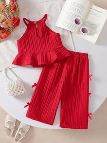 Baby Girls' Solid Color Spaghetti Strap Bowknot Ruffle Hem Top And Straight Leg Pants 2 Piece Outfit, Suitable For Daily Outings In Spring/Summer - Red - View 3