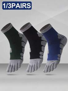 1/3 Pairs Men's Color Block Towel Bottom Non-Slip Breathable Five Finger Socks, Suitable For Outdoor, Fitness, Running, Sports - Multicolor - View 3