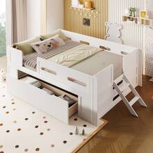 MERAX Modern Full Size Platform Bed With Guardrail And Large Drawer, Wood Kids Platform Bed Frame With Two-Step Ladder For Boys Girls, Sturdy Slats Support,White - Full Size-white - View 3