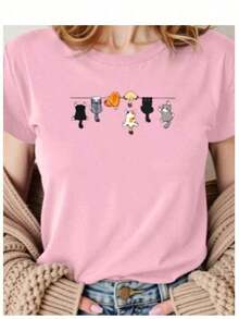 Blusa Feminina GATINHOS FOFOS Camiseta  Linda e Estilosa Gola Redonda Malha 30.1   Casual - Rosa Bebê - Visão 2